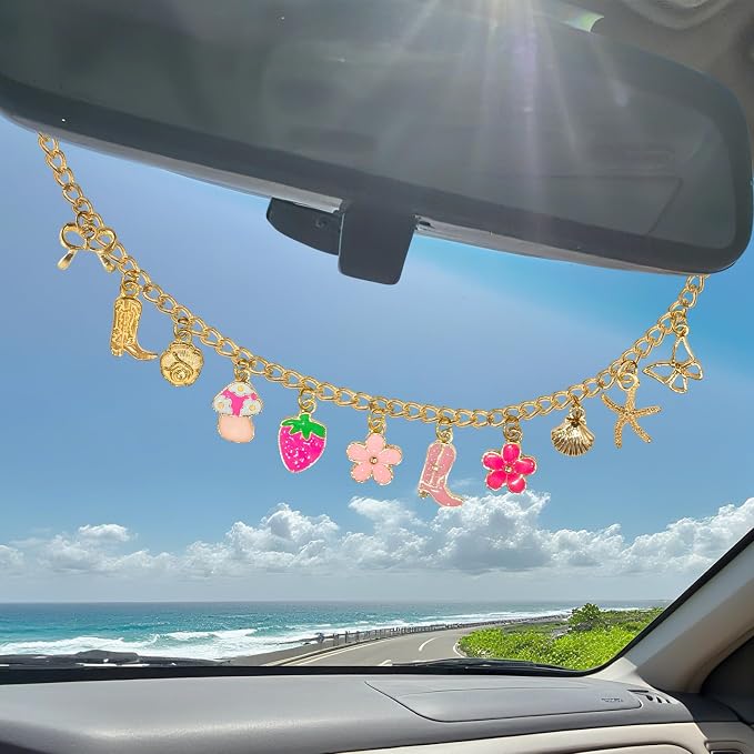 Strawberry & Flower Seashell Butterfly Rear View Mirror Charm – Cute Boho Car Hanging Decor with Bow, Lucky Mushroom & Cowboy Boot, Car Accessories for Women, Gift for Drivers