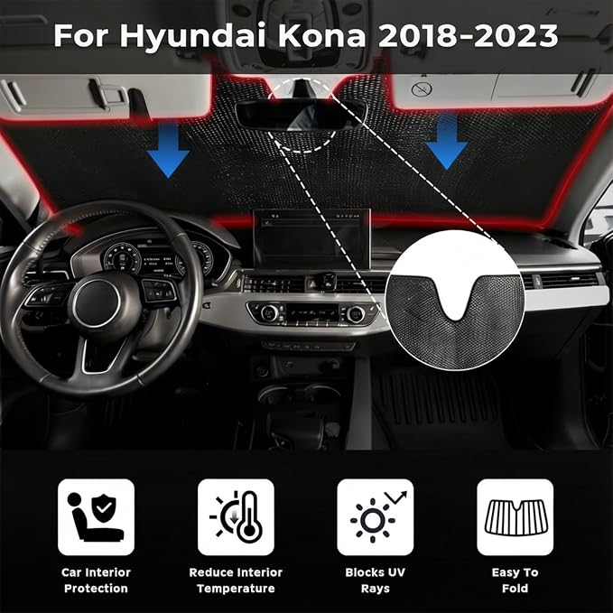 Car Windshield Sun Shade for Hyundai Kona 2018-2023 Front Window Sunshade Sun Visor Protection Cover Accessories -5-Layer Bubble Foldable Thicken Blocks Heat & UV Rays Keep Car Cooler