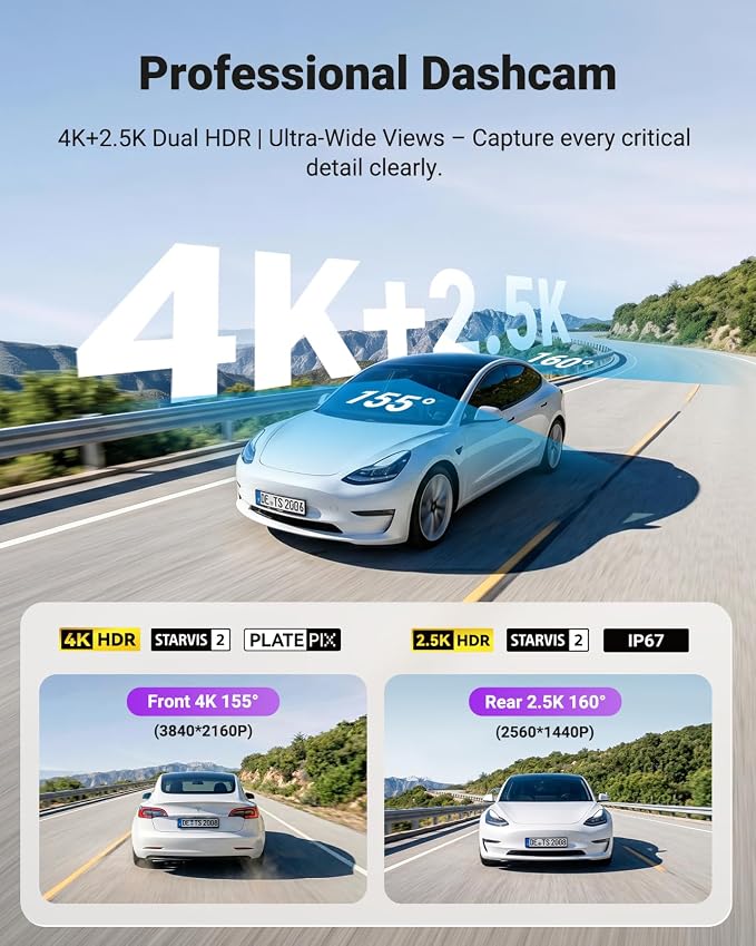Vantrue S1 Pro Max Dash Cam 4K+2.5K Front and Rear, Dual STARVIS 2, Dual HDR, PlatePix Night Vision, 5GHz WiFi, GPS, Voice Control, 24/7 Parking Mode, 1TB Support (RC18)