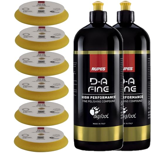 Rupes D-A-Fine Series Two 1-Liter Bottles Polishing Compound & Six Count 6" Finishing Foam Pads - Super Easy Wipe Off, Defect Removal, Blend Enhance Finishing Ability