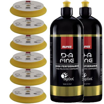Rupes D-A-Fine Series Two 1-Liter Bottles Polishing Compound & Six Count 6" Finishing Foam Pads - Super Easy Wipe Off, Defect Removal, Blend Enhance Finishing Ability
