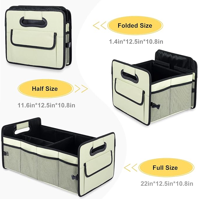 JiatuA Car Trunk Organizer, Car Organizers and Storage Collapsible Multi Compartment Container Box, Adjustable Car Accessories for SUV Sedan Truck, Standard Size, Light Green