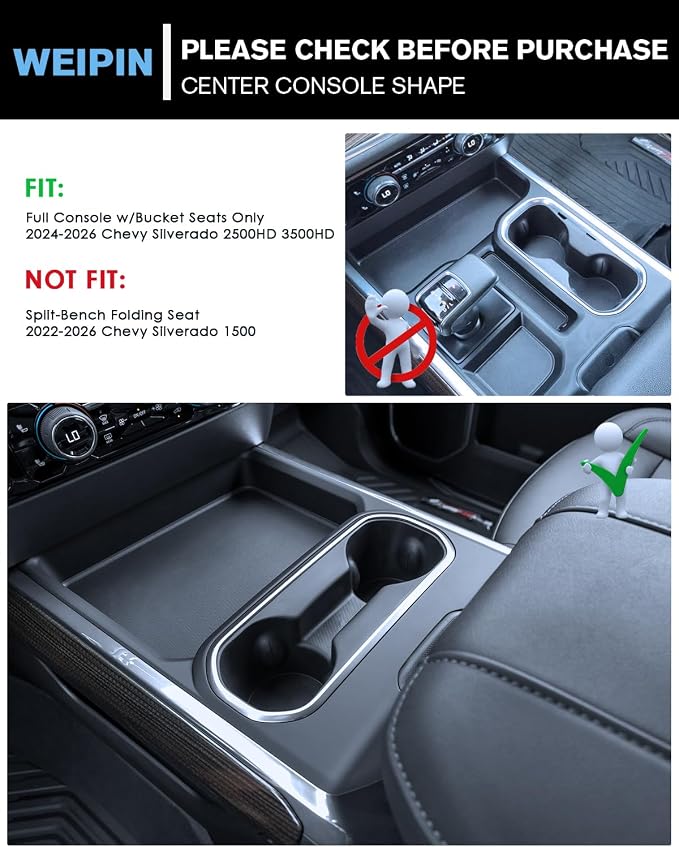 Refreshed Models 2024-2026 Chevy Silverado 2500HD/3500HD 2PCS Center Console&Armrest Cup Holder Inserts - Full Console w/Bucket Seats Only