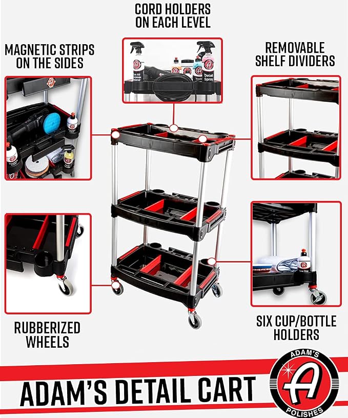 Adam's Polishes Standard Detailing Cart, Custom Mobile Rolling Utility Detailing Tool Cart Organizer for Garage DIY Home Projects, Extra Storage for Mechanics & Detailers During Repairs Car Wash/Wax