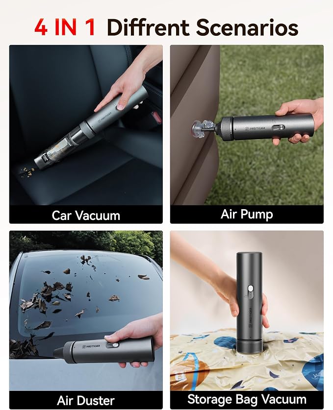 REDTIGER Handheld Vacuum Cordless,4-in-1 Car Vacuum with 21000PA,Up to 70 Mins Runtime,3 Suction Modes,3.5H USB-C Fast Charge,Hand Vacuum Cleaner for Home,Car,Pet,Office Desk, Keyboard,Handmake