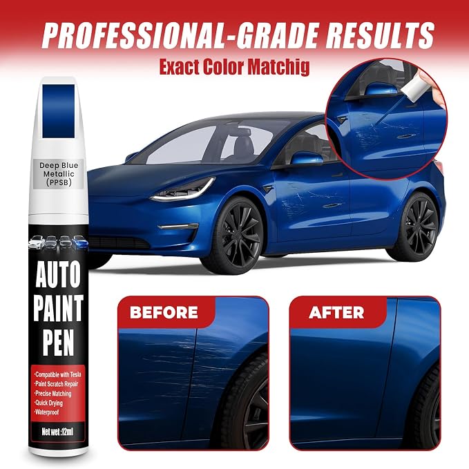 Touch Up Paint for Cars (Deep Blue Metallic PPSB), Compatible with Tesla Model Y/3/X/S, 0.4 fl oz Color Accurate 2-in-1 Car Paint Scratch Repair Pen, Easy to Use, Fast-Drying, Long-Lasting