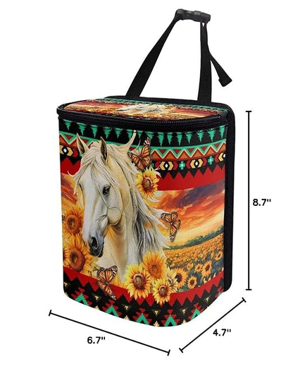 Aztec Tribe Horse Sunflower Print Trash Can for Car Leakproof Garbage with Lid and Zipper Trash Bin Hanging Back of Seat Auto Interior Accessories Universal Fit Most Truck SUV Van