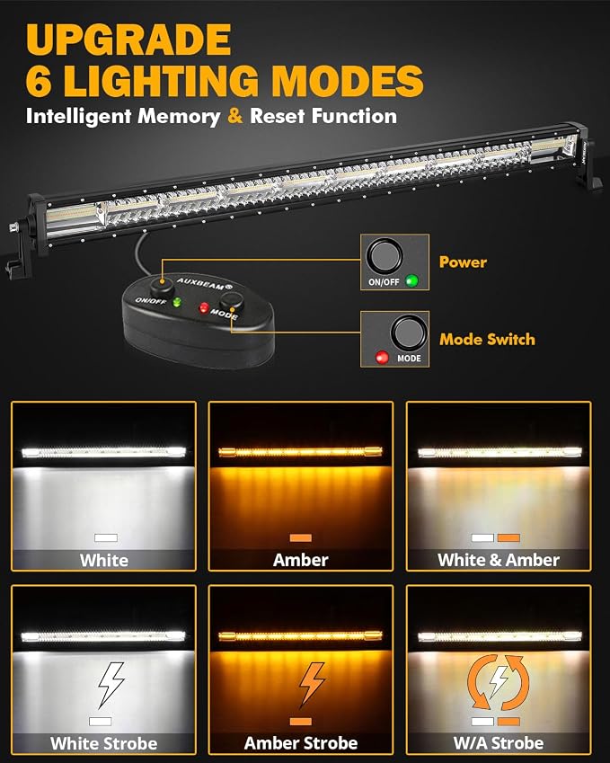 Auxbeam 42Inch 240W LED Straight Light Bar, 6 Modes Off Road Amber White Strobe Light, Dual Color Spot Flood Combo Beam Flashing Fog Driving Work Light with 10FT Wiring Harness Kit