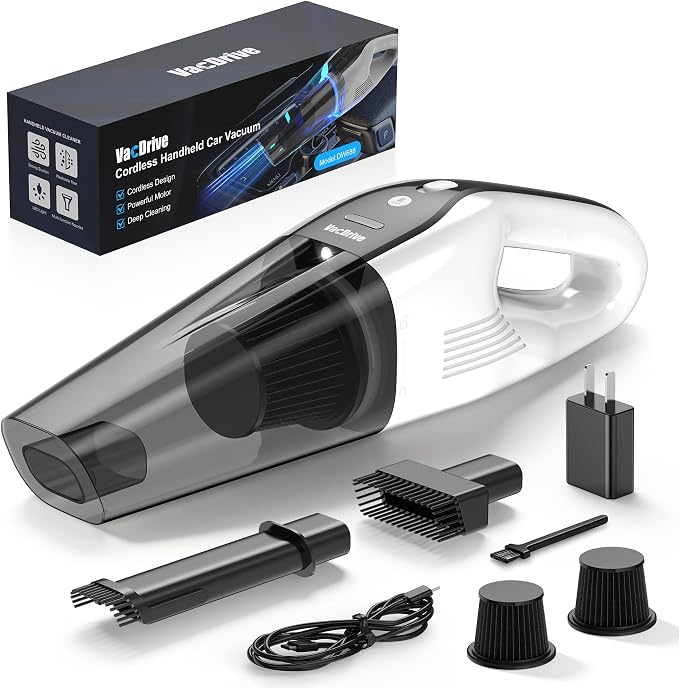 Handheld Vacuum Cordless, Ultra-Strong Suction Car Vacuum Portable Cordless, Rechargeable Hand Held Car Vacuum Cleaner High Power with Multi-Nozzles & Washable Filter for Car, Home, Pets, White&Black