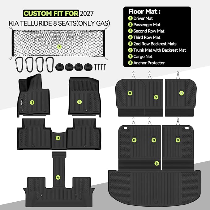 Tongama-Floor Mats for 2027 Kia Telluride Gas 8 Seat with Bench Seats (Not for Hybrid), All Weather TPE Trunk Mat with Backrest Mat & 2nd Row Backrest Mats & Cargo Net for Telluride Accessories
