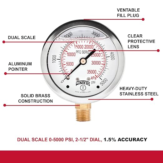 Winters 2-1/2" Dial Size, Liquid Filled Industrial Pressure Gauge, Brass Internals, Stainless Steel Case, Dual Scale 0-5,000 psi/kPa, 1.5% Acc, 1/4" NPT Bottom Mount, Glycerin Filled Pressure Gauge