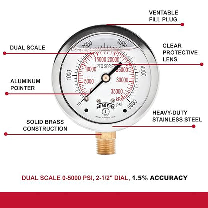 Winters 2-1/2" Dial Size, Liquid Filled Industrial Pressure Gauge, Brass Internals, Stainless Steel Case, Dual Scale 0-5,000 psi/kPa, 1.5% Acc, 1/4" NPT Bottom Mount, Glycerin Filled Pressure Gauge