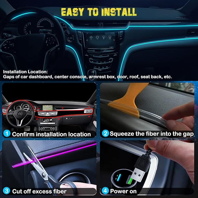 Jushope Interior Car LED Strip Lights, RGB USB Car Ambient Lighting with Wireless APP & Remote Control, Car Accessories Fiber Optifc Lights Sync to Music (2 LED/157 inches)