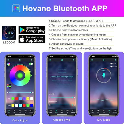 Hovano Car Interior LED Lights, APP Control with Car Charger, RGB Color Change with Music Sync & DIY Mode, 12V 2 Lines Design for Under Dash Running Board Truck