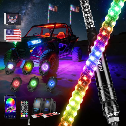Nilight 2PCS 4FT RGB LED Whip Light and 6 PCS Rock Lights Combo Remote App Control w/DIY Chasing Patterns Stop Turn Reverse Modes Safety Antenna Whips for ATV UTV Polaris RZR Can-am Dune Buggy Jeep