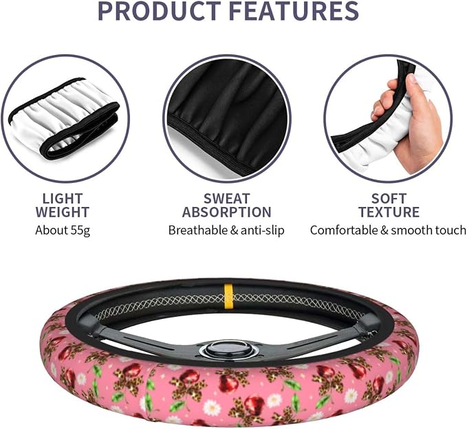 Cherry Flower Steering Wheel Covers Non Slip Neoprene Universal 15 Inch Steering Wheel Protector Car Cover for Men Women