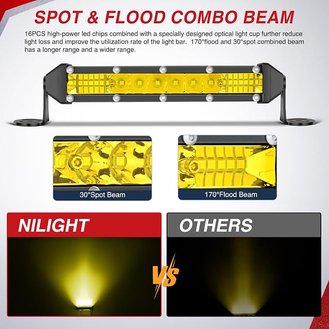 Nilight Slim LED Light Bar 2Pcs 7 Inch 16LED Single Row Spot Flood Combo Yellow Off Road Work Driving Fog Lighting for 12V 24V ATV UTV Pickup Truck Tractor Boat