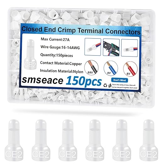 smseace 150 Pcs Nylon Closed End Crimp Terminal -Crimp Caps Wire Connectors for 16-14 AWG - Ideal for Automotive, Audio, and Electrical Applications