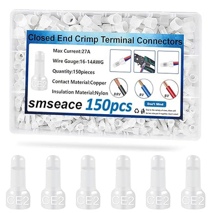smseace 150 Pcs Nylon Closed End Crimp Terminal -Crimp Caps Wire Connectors for 16-14 AWG - Ideal for Automotive, Audio, and Electrical Applications