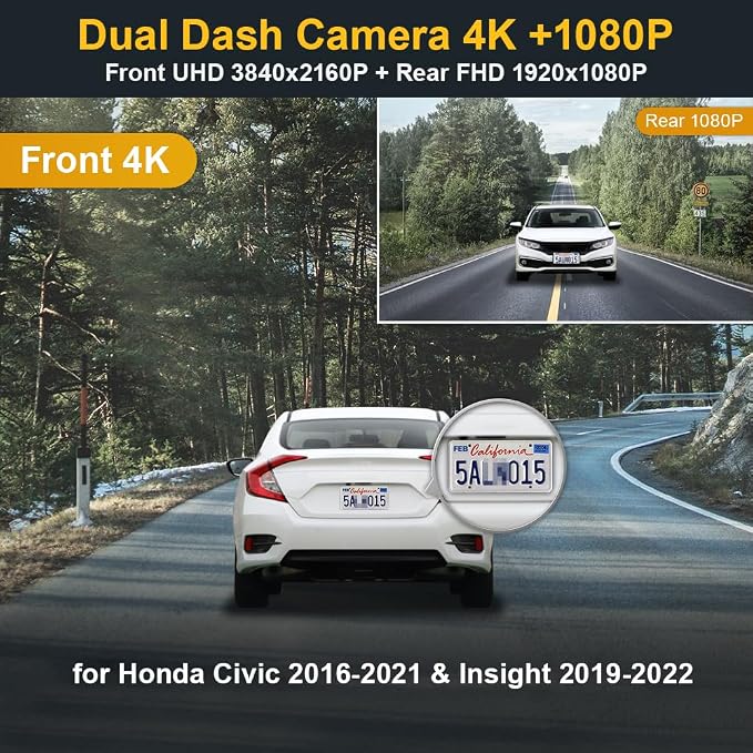 Fitcamx Front 4K+Rear 1080P Dash Cam Adapts for Honda Civic 2016-2021 (Has 8 Vents, HD2-0323) & Insight 2019-2022, OEM Look, Dual HD Video, Built-in WiFi & APP, Loop Recording, G-Sensor, 128GB Card