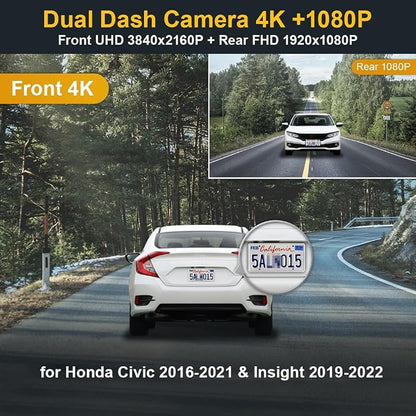 Fitcamx Front 4K+Rear 1080P Dash Cam Adapts for Honda Civic 2016-2021 (Has 8 Vents, HD2-0323) & Insight 2019-2022, OEM Look, Dual HD Video, Built-in WiFi & APP, Loop Recording, G-Sensor, 128GB Card