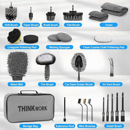THINKWORK Car Detailing Kit, Car Detailing Brush Set, Car Cleaning Drill Brush Kit with Extension Pole, Professional Auto Detailing Supplies for Automobile Interior Exterior Wheels