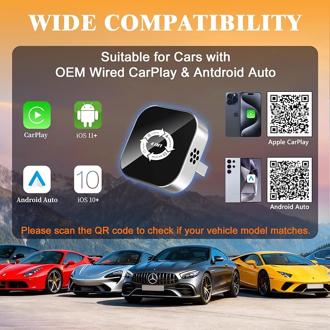 4 in 1 Screen Mirroring Wireless CarPlay Adapte, 2026 Upgraded Wired to Wireless for Apple CarPlay & Android Auto & AirPlay & MirrorLink, Mini USB Car Play Adapter with Type-C Extension, Plug and Play