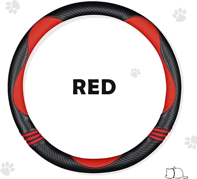 HighnessHwoo Car Steering Wheel Covers for Women Girl Padded Carbon Fiber PU Leather Cute Cartoon Auto Interior Accessories for Jeep, Truck, Universal, Anti Slip, Red, Large Size, 15.2-16in