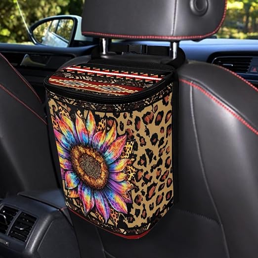 BIGCARJOB Leopard Sunflower Print Car Trash Can Bin for Car Back Seat Leak Proof, Car Trash Bag Hanging,Vehicle Trash Can for SUV Truck Van,Automotive Car Garbage Cans for Front Seat
