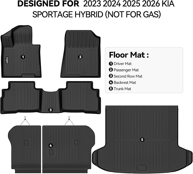 Floor Mats for 2023 2024 2025 Kia Sportage Hybrid (Only for HEV, Not for PHEV), Trunk Mat and Backrest Mat All Weather TPE Protector for Kia Sportage Hybrid Accessories Floor Liner
