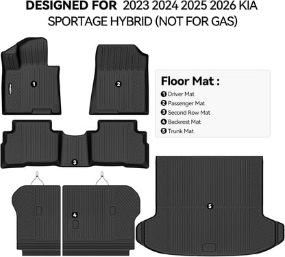 Floor Mats for 2023 2024 2025 Kia Sportage Hybrid (Only for HEV, Not for PHEV), Trunk Mat and Backrest Mat All Weather TPE Protector for Kia Sportage Hybrid Accessories Floor Liner