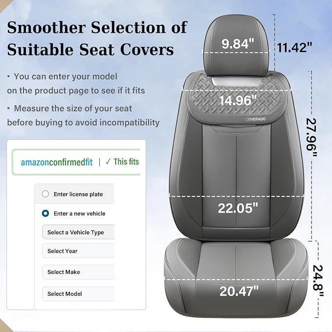 Coverado Car Seat Covers Full Set, Luxury Leather Car Seat Cover, Front and Back Seat Covers for Cars, Waterproof Car Seat Protector, Automotive Seat Covers Universal Fit Most Cars(Gray)