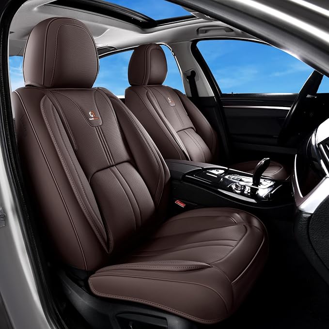 Huidasource Coffee Front Seat Cover Luxury Nappa Leather, Front Car Seat Cover with Airbag, Front Storage Pocket, Lumbar Support, Cooling＆Heating, Universal Fit for Most Cars SUV Trucks, Coffee