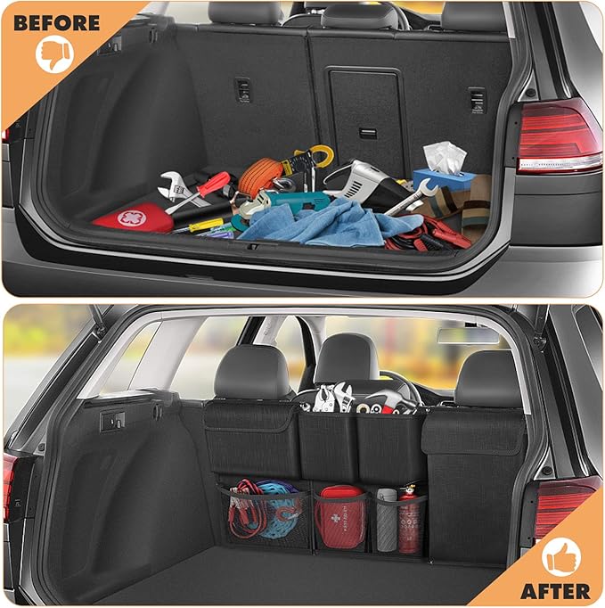 FINPAC Car Trunk Organizer and Storage, Detachable Seat Back Hanging Organizers Storage with Zippers, Large Capacity Car Accessories Interior for Jeeps, SUVs, Vans (Black)