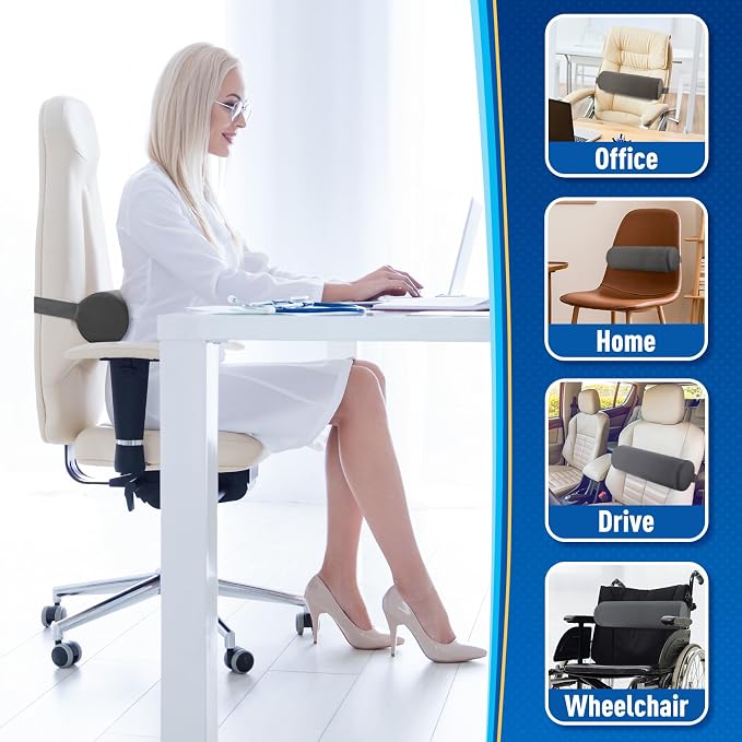 CushZone Seat Cushion, Lumbar Roll Support Pillow for Office Chair, Car, Gaming Chair, Memory Foam Back Cushion with Washable Cover for Relieving Back Pain & Improving Posture,Grey