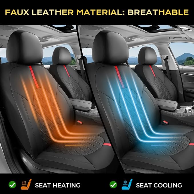 Coverado Car Seat Covers, Seat Covers for Cars, Front Car Seat Covers Protector Waterproof, Leather Car Seat Cushion Universal Fit for Most Cars (Black-Red)
