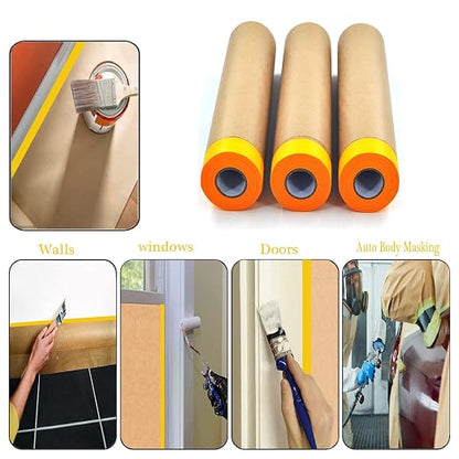 Pre-Taped Paint Masking Paper and Masking Tape Sets,2 Rolls 22inch-50feet Painters Paper and 1 Roll Painters Tape, Automotive Paint Paper, Tape and Drape Waterproof for Painting Protection Covering