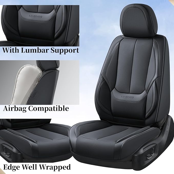Coverado Seat Covers Full Set, Black Seat Covers for Cars 5 Seats, Car Seat Protector, Waterproof Nappa Leather Car Seat Cushion, Front and Rear Car Seat Cover Fit for Most Sedans SUV Pick-up Truck
