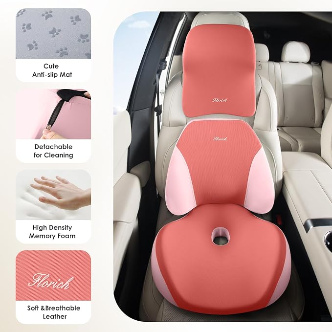 FLORICH Upgraded 3-in-1 Memory Foam Car Seat Cushion Set with Lumbar Support & Neck Pillow, Washable Driving Seat Cushion for Back & Sciatica Pain Relief, Non-Slip Seat Cushion for Car, Office-Pink