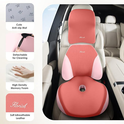 FLORICH Upgraded 3-in-1 Memory Foam Car Seat Cushion Set with Lumbar Support & Neck Pillow, Washable Driving Seat Cushion for Back & Sciatica Pain Relief, Non-Slip Seat Cushion for Car, Office-Pink