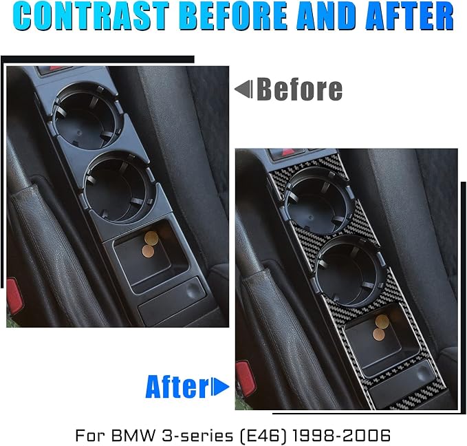 AIRSPEED Carbon Fiber for BMW E46 1998-2006 Gear Shift Warning Button & Cup Holder Trim – Black Carbon Fiber Interior Panel Deco Cover