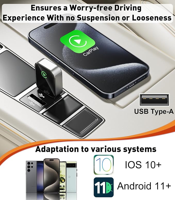 Wireless CarPlay Adapter for iPhone (2025 Upgrade) Converts Wired to Wireless Car Play Adapter, Mini Size Plug and Play, Compatible with iOS 10+ & OTA Updates - Black