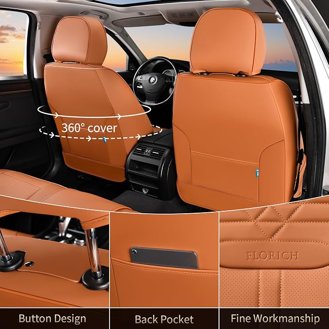 FLORICH Seat Covers, Car Seat Covers Full Set, Luxury Nappa Leather Seat Covers, Breathable and Waterproof Car Seat Protector 5 Seat, Automotive Seat Covers Universal Fit for Most Cars-Brown