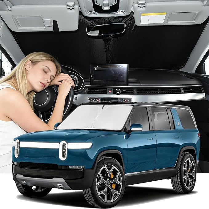 Windshield Sunshade for Rivian R1S 2022-2025 2026 Sun Shade Car Windshield Upgrade 4 Layers Blocks UV Rays Custom Fit R1S Car Window Shade Front Windshield Sun Visor Keep Cool Car Accessories