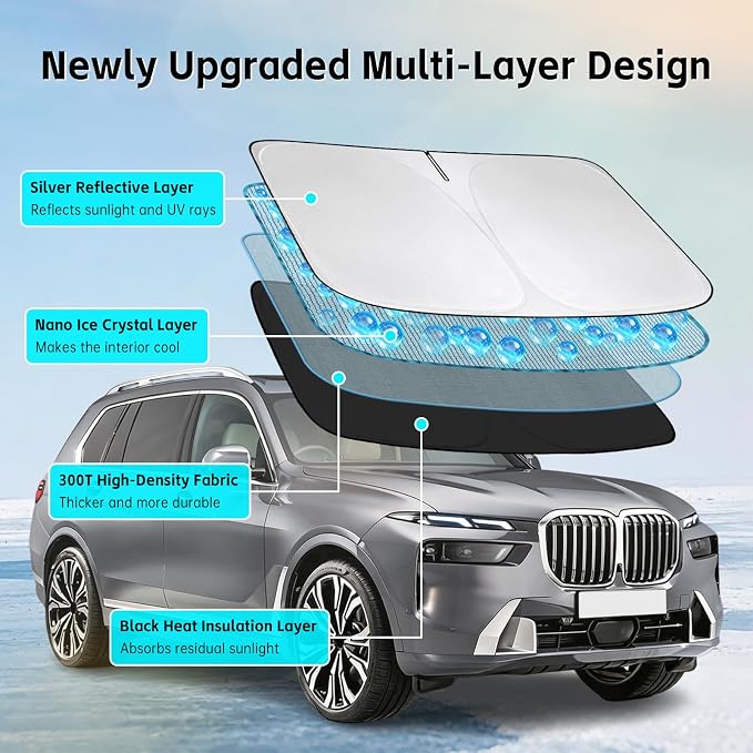 Windshield Sun Shade for BMW X7 2018-2026 Sunshade 300T Windshield Cover Shield Protector Blocks UV Rays Custom Fit X7 Front Window Shades Windshield Accessories Keep Cool Foldable