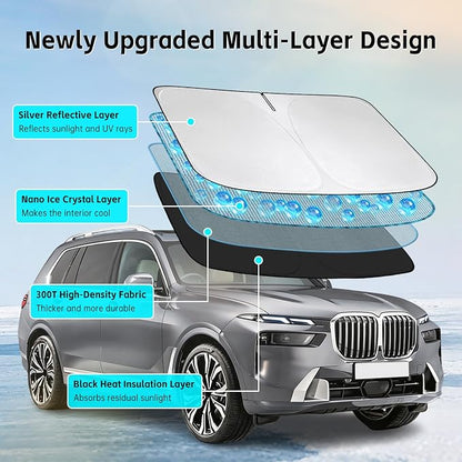 Windshield Sun Shade for BMW X7 2018-2026 Sunshade 300T Windshield Cover Shield Protector Blocks UV Rays Custom Fit X7 Front Window Shades Windshield Accessories Keep Cool Foldable