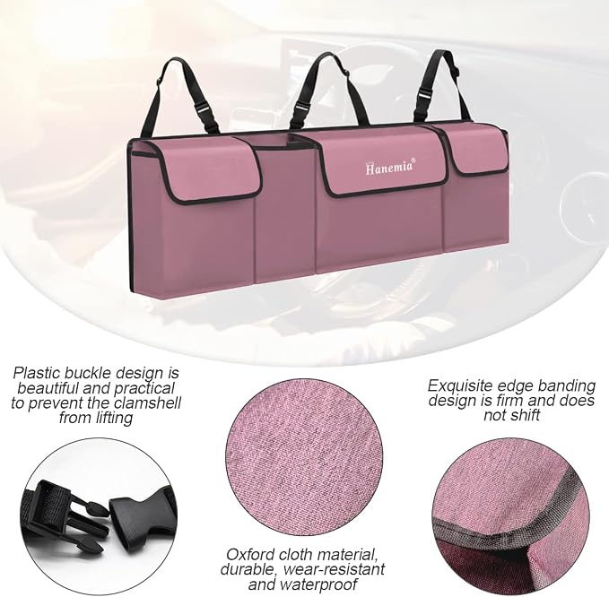 Car Trunk Organizer, Backseat Hanging Storage with 4 Large Pockets, Collapsible Cargo Bag with Adjustable Straps Frees Trunk Floor, Sturdy Space Saving Expert for SUV, Truck, Van (Pink)