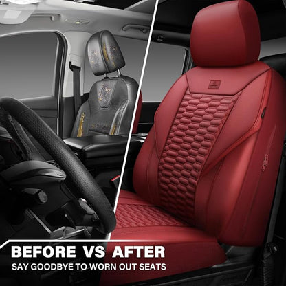 CAR PASS 3D Foam PU Leather Car Seat Covers Front Seats,Wine Faux Leather Front Seat Covers for Cars, Universal Fit for SUVs Trucks Vans Sedan Automotive, Armrest Airbag Compatible,Burgundy