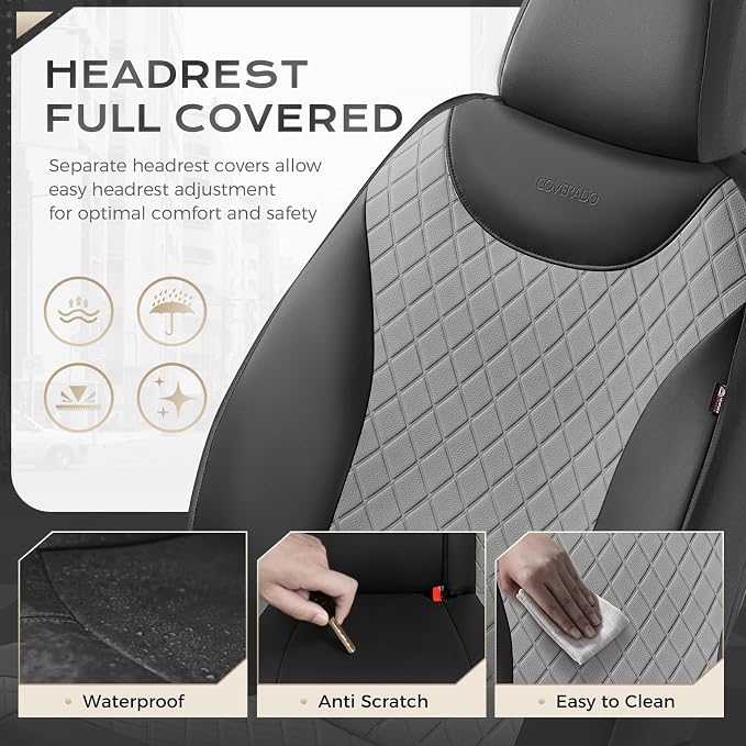 Coverado Car Seat Covers, 5 Seats Front and Rear Seat Covers for Cars, Leather Seat Covers Waterproof Car Seat Protectors, Automotive Seat Cushions Universal for Most Sedan, SUV, Truck, Black & Gray
