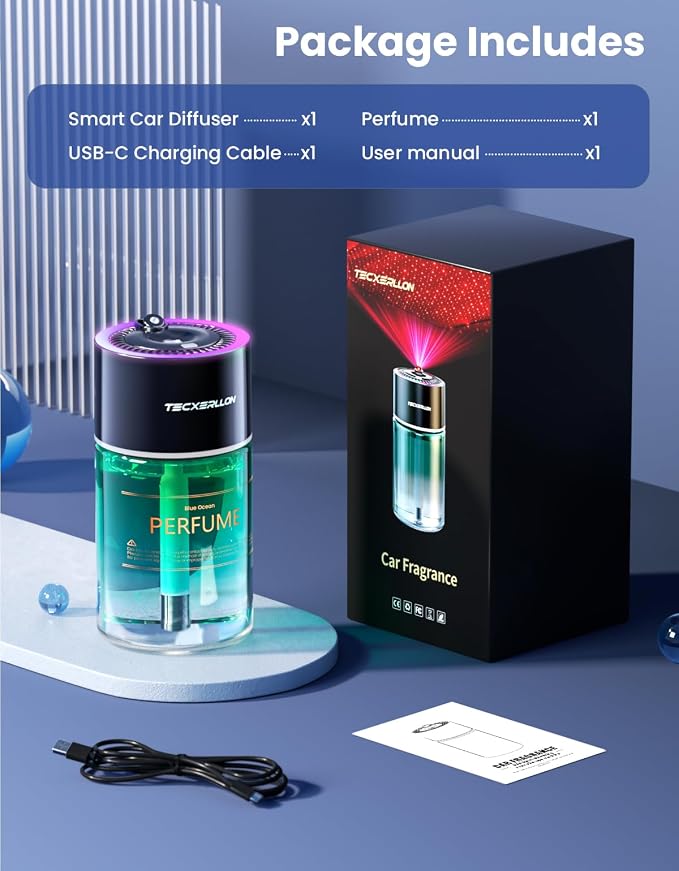TECXERLLON Smart Car Air Freshener Diffuser with Star Light, 120ml Essential Oil, Auto On/Off, 4 Mist Modes, Long Lasting Rechargeable Aroma Diffuser Aromatizante Para Carro for Home, Office-Ocean